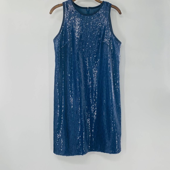 Carmen Marc Valvo Denim Blue Sequin Sleeveless Shift Dress Size 6 Small - Picture 12 of 14